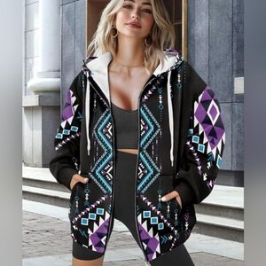 Women's Aztec Prints Hoodies Casual Long Sleeves Zip Up With Pockets.